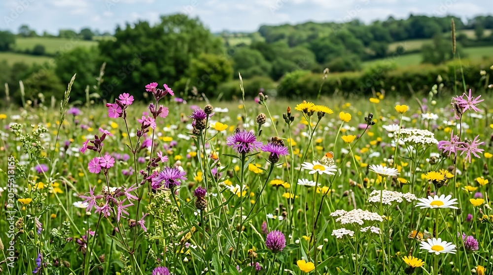 Obraz premium Colorful wildflowers blooming in a sunny meadow field