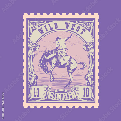 Vintage Wild West Cowboy Rodeo Postage Stamp Vector - Colorado