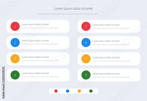 Infographic list, 8 items, two columns, 4 colors