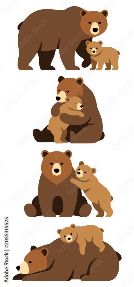 Fototapeta premium Cute bear mother and baby bear family bonding collection featuring hugging, caring, resting and wildlife love scenes Flat vector illustration