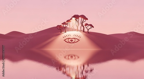 Surreal Pink Desert Hill with Tree Silhouettes and Eye Symbol Reflected in Calm Water