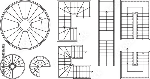 Architectural floor plan set of various staircase designs including spiral and straight stairs in vector line art