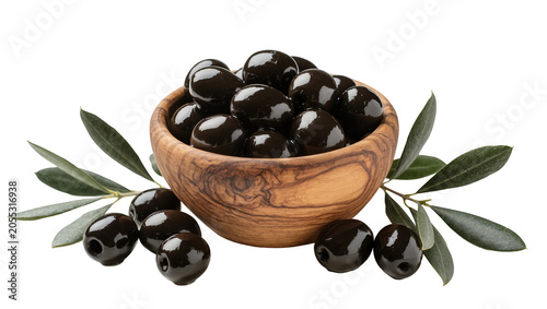 Fotografía Isolated black olives in a rustic wooden bowl with fresh green olive branches an