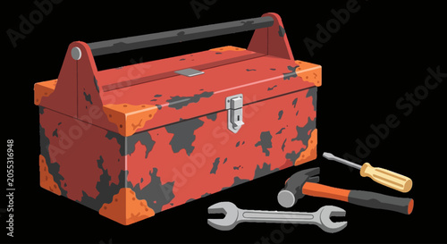 A rusty toolbox with tools scattered on a surface nearby indoors