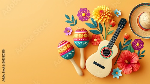 Colorful maracas, ukulele, and vibrant flowers arranged on an orange background, featuring a straw hat, ideal for festive celebrations and cultural events