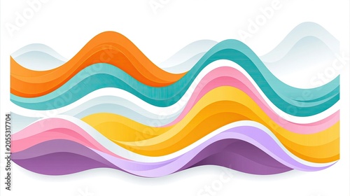 Abstract illustration featuring colorful wavy lines in shades of orange, pink, teal, and purple on a white background, creating a dynamic and modern design