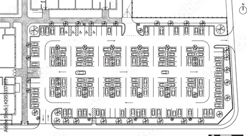 Parking lot site plan architectural drawing with vehicle stalls and traffic flow layout in black and white vector