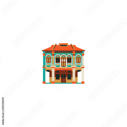 Colorful traditional shophouse building with ornate windows and vibrant facade design