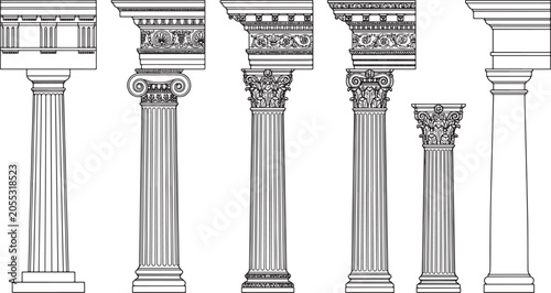 Set of classical architectural columns with ornate capitals and entablature in black and white line art style