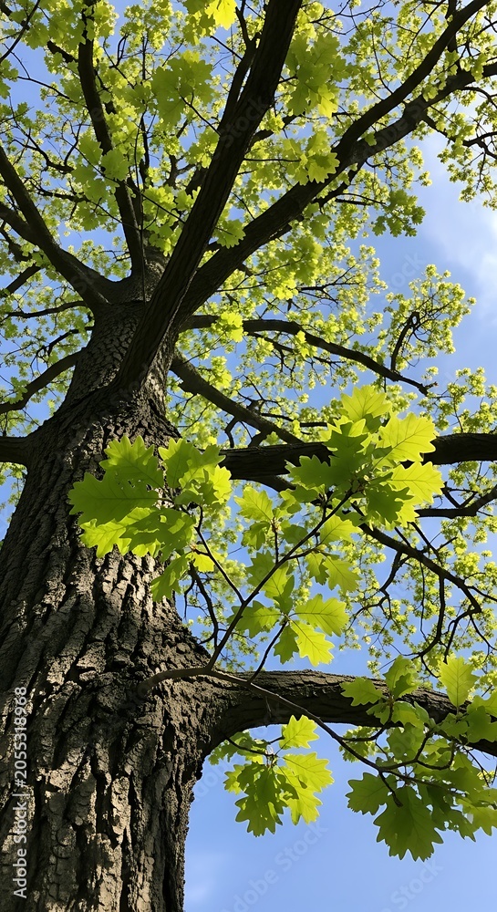 Fototapeta premium Tall Leafy Tree Reaching Upward Against Bright Blue Sky