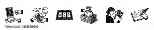 Photos Divination and introspection icons: tarot, fortune telling, and journaling