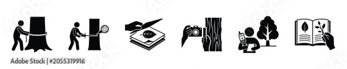 Forestry research icons showing tree measurement, leaf collection, and plant identification