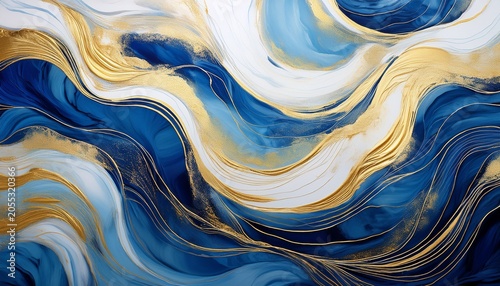 Luxurious Abstract Blue White And Gold Waves Painting