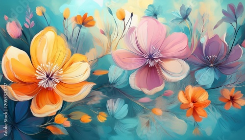 Vibrant Spring Flowers In Abstract Pastel Art With A Soft Blue Background