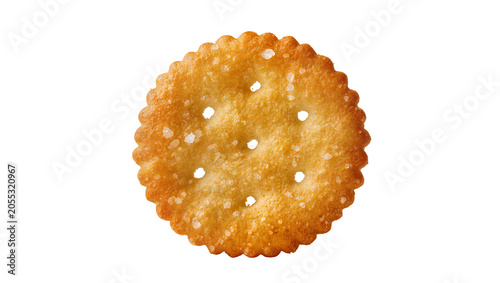 Foto Isolated golden brown salty round cracker with perforated holes, delicious savor