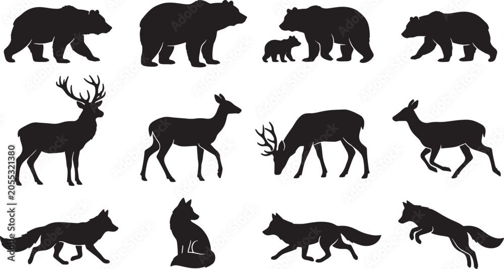 Fototapeta premium Set of wild animal silhouettes including bears deer and foxes in various poses as vector graphic elements