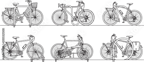 Set of various bicycles parked in racks and stands, black and white line art vector illustration collection