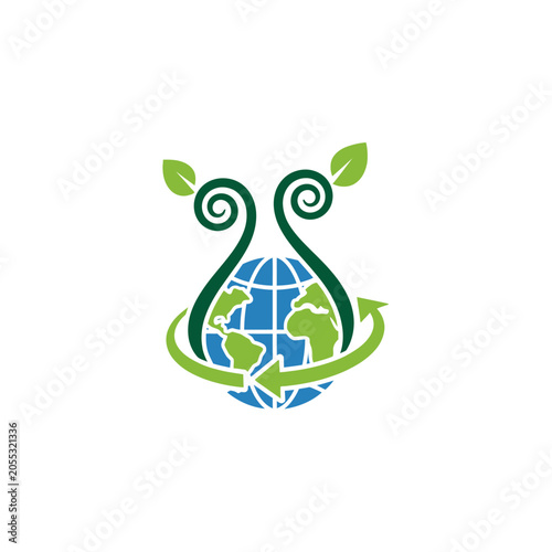Earth Globe with Green Leaves Logo.