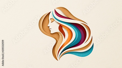 Abstract illustration of a woman's profile with flowing hair in various colors, showcasing a blend of warm and cool tones on a light background