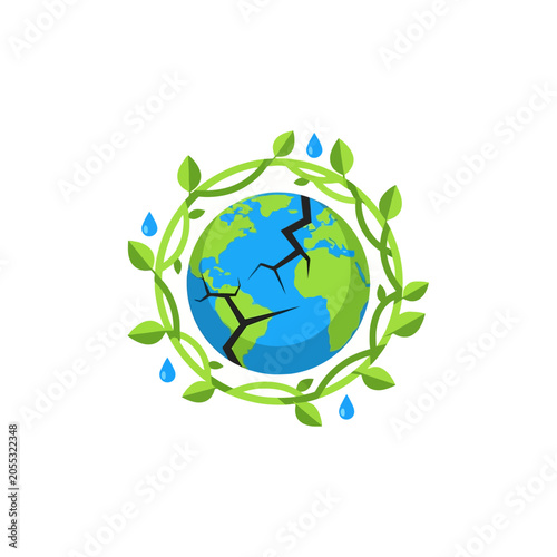 Earth with green leaves and water drops.