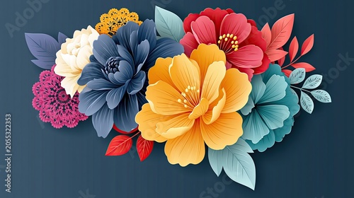 Colorful floral illustration featuring various flowers including peonies, hibiscus, and leaves on a dark blue background, ideal for decorative or design purposes