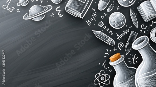 Illustration of a chalkboard filled with scientific symbols, planets, books, and laboratory glassware, showcasing elements of education and science in a creative design