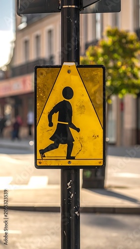 Pedestrian crossing sign on pole.