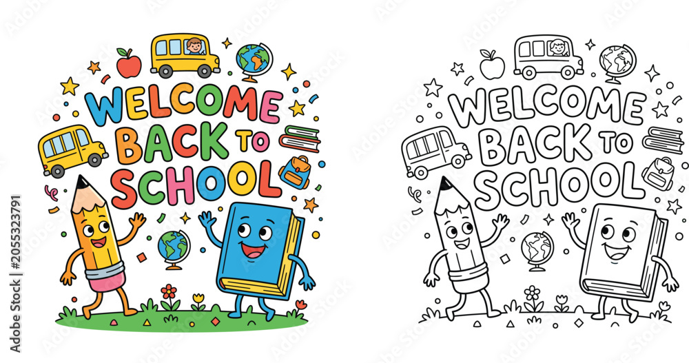 Naklejka premium Welcome Back to School Cartoon Illustration for Coloring Book
