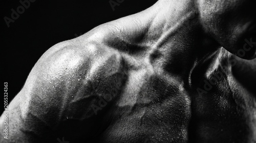 Close up of muscular shoulder and neck of a male bodybuilder with sweat and visible veins in black and white