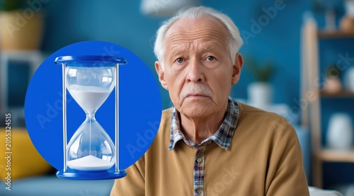 Thoughtful Elderly Man with Hourglass Symbol
