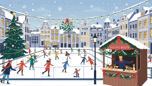 Winter Ice Skating Rink in Festive City Square with Christmas Tree and Market Stall