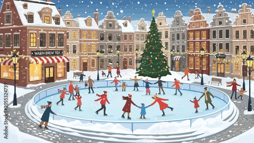 Winter Ice Skating Rink in Festive Town Square with Christmas Tree and Snowfall