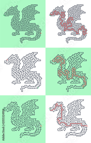 Set of three dragon-shaped maze puzzles with answers. Features honeycomb, square, and triangle maze topologies. Printable fantasy logic game for children