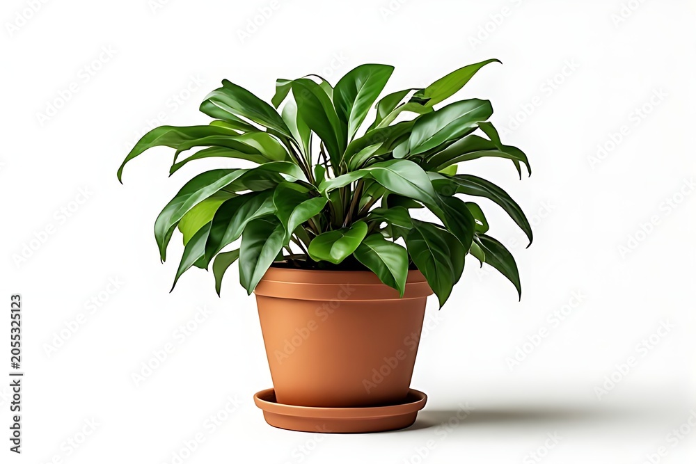Fototapeta premium A potted plant with lush green leaves sits on a saucer indoors.