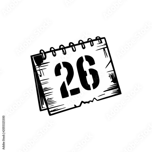 Grungy calendar with date 26 black and white vector illustration for events.