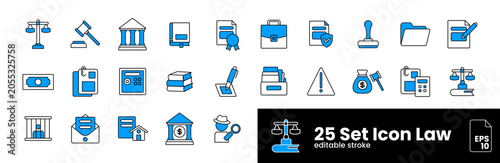 25 Dualtone Icon Set Law and Justice Icons Set – Legal Documents, Court, Judge, Attorney and Judiciary Editable Stroke Vector Collection