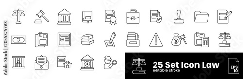 25 Icon Set Law and Justice Icons Set – Legal Documents, Court, Judge, Attorney and Judiciary Editable Stroke Vector Collection