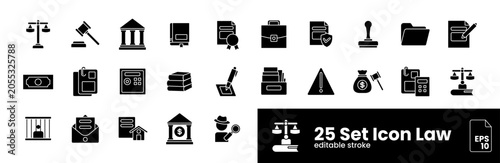 25 FillColour Icon Set Law and Justice Icons Set – Legal Documents, Court, Judge, Attorney and Judiciary Editable Stroke Vector Collection