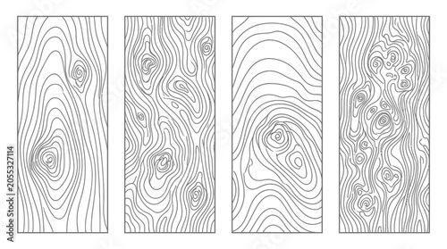 Four vertical rectangular panels featuring detailed black and white hand drawn wood grain vector patterns