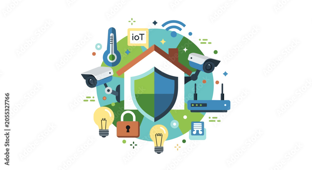 Fototapeta premium Smart Home Security and Automation Concept Vector Illustration with IoT Devices, Surveillance Cameras, and Shield Icon for Residential Protection