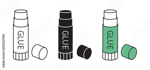 Glue stick vector icon set in three styles. Outline with editable stroke, solid silhouette and flat color fill illustration of open cylindrical adhesive tube with cap off.