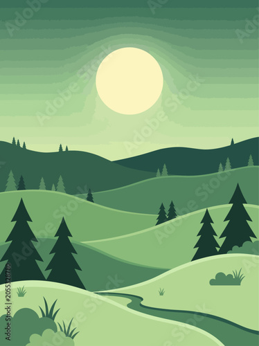 Calm night wilderness scenery with silhouette fir trees flat illustration