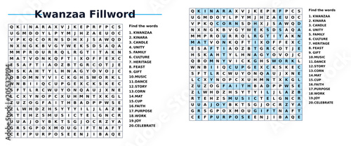 Kwanzaa fill-in puzzle with words listed and highlighted sections  
