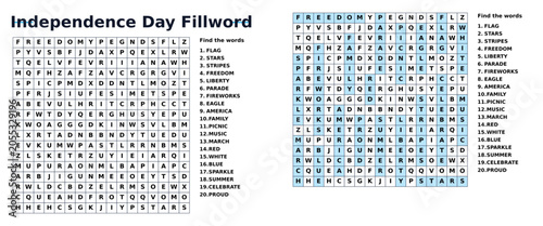 Independence Day word search puzzle with highlighted answers  