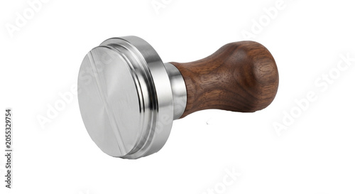 Professional espresso coffee tamper with a wooden handle on a white background.