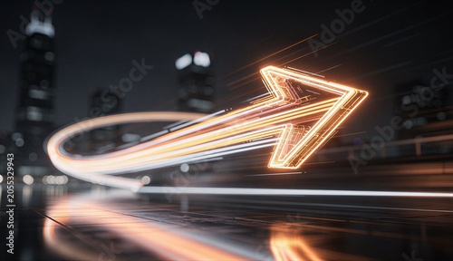 Glowing arrow making a u-turn over a reflective city street at night symbolizing business pivot, strategic reversal, and directional change.
