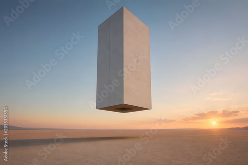 Floating Monolith Above Desert Landscape at Sunset in Surreal Minimalist Environment