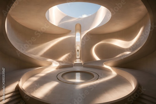 Surreal Light and Shadow Architectural Interior with Circular Skylight and Flowing Curved Forms