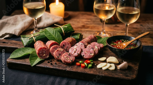 Nem Chua Vietnamese Charcuterie Board on Dark Aged Wooden Table