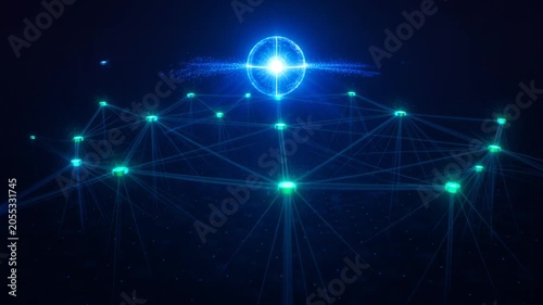 Digital network connection sphere with glowing data nodes and abstract cybernetic links
